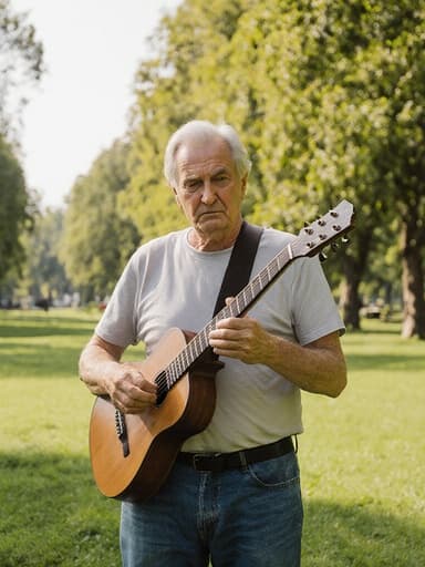 60대 유럽계 남성이 편안한 티셔츠와 청바지를 입고 악기를 들고 서 있는 전신 사진입니다. 지루한 표정을 짓고 있는 모습이 푸르른 공원 배경의 나무와 잔디와 대조를 이루어 평화롭지만 약간의 우울한 분위기를 만들어냅니다.
