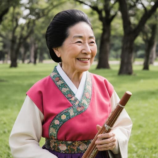 70대 동양인 여성의 반신 사진으로, 자연스러운 아름다움을 보여주고 있습니다. 그녀는 전통 한복을 입고 있으며, 이는 그녀의 모습을 우아하게 감싸고 문화유산을 반영합니다. 부드러운 미소를 지으며 조용히 공원을 걷고 있으며, 손에는 전통 악기를 들고 있습니다. 배경은 푸른 잔디와 나무로 가득 차 있어, 그녀의 의상과 표정을 보완하는 평화롭고 활기찬 분위기를 만들어냅니다.