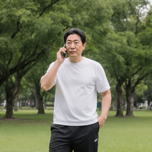 40대 한국 남성이 편안한 운동복을 입고, 전화를 들고 대화 중인 모습의 반신 사진. 평화로운 공원 배경에서 푸른 나무와 잔디가 어우러져 있습니다.