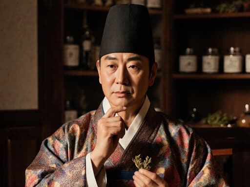 전통 한복을 입고 약재를 들고 깊은 생각에 잠긴 40대 동양인 남성이 전통적인 가구와 약재로 가득한 한약방 대기실 배경에서 촬영된 모습.