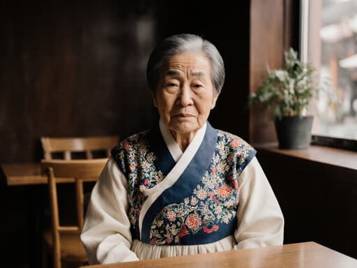 아늑한 카페 세팅에서 전통 한복을 입은 80대 동양인 여성의 반신 사진으로, 그녀의 지혜와 우아함이 조용한 사색의 감정을 불러일으킵니다.