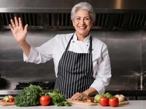 50대 중동계 여성이 스타일리시한 셰프 코트와 앞치마를 입고 요리 재료가 놓인 테이블 옆에 서 있는 반신 샷입니다. 그녀는 따뜻하게 미소 지으며 손을 흔들며 인사하고 있으며, 깔끔하고 현대적인 레스토랑 주방의 배경이 그녀의 요리에 대한 열정을 강조합니다.