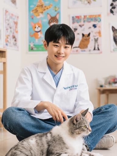 10대 초반의 동양인 남성이 동물 병원의 밝고 아늑한 내부에서 흰색 실험복과 청바지를 입고 바닥에 앉아 고양이와 즐겁게 놀고 있습니다. 그의 자연스러운 외모와 친근한 표정이 따뜻함을 전하며, 동물 관련 포스터로 장식된 벽이 장면의 매력적인 분위기를 더합니다.