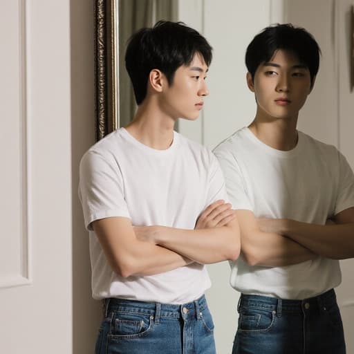 10대 후반의 동양인 남성이 현대적인 스타일의 티셔츠와 청바지를 입고 무표정으로 자신감 있는 모습으로 세련된 방의 거울 앞에 서 있는 반신 사진입니다.