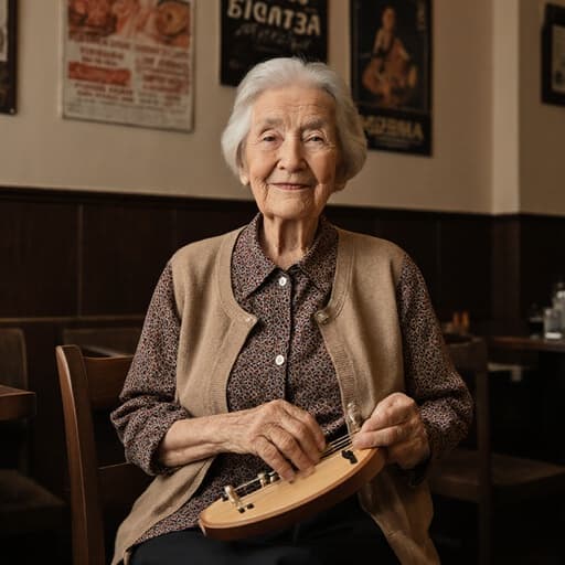 70대 백인 여성으로, 전통적인 패턴의 블라우스와 편안한 카디건을 착용하고, 아늑한 카페에서 전통 악기를 들고 앉아 있습니다. 그녀는 따뜻한 미소와 지혜로운 표정을 지으며, 전통 음악 포스터로 장식된 아늑한 카페 분위기 속에 있습니다.