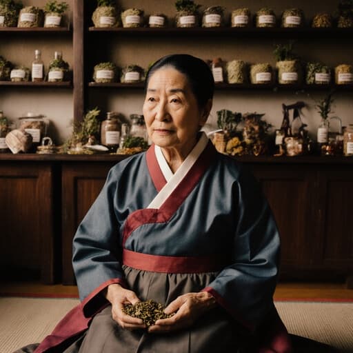 전통 한복을 입고 바닥에 앉아 있는 60대 아시아계 여성의 반신 사진. 그녀는 전통 약초를 손에 들고 깊은 생각에 잠긴 듯 무관심한 표정을 짓고 있습니다. 배경은 약초와 한방 치료 도구가 진열된 전통 한의원으로, 진정한 분위기를 자아냅니다.