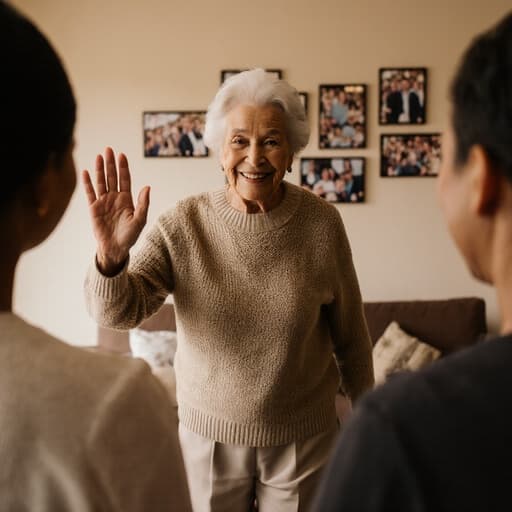 아늑한 거실에서 80대의 혼혈 여성의 따뜻한 모습이 담긴 장면으로, 편안한 니트 스웨터와 세련된 슬랙스를 입고 가족을 맞이하며 미소짓고 있습니다. 배경의 따뜻한 조명과 가족 사진이 사랑과 화합의 분위기를 만들어냅니다.