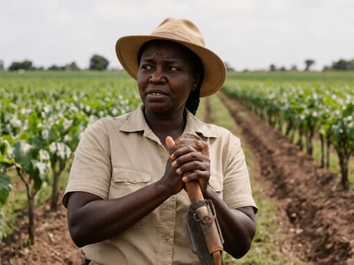 30대 아프리카계 여성의 반신 사진으로, 농부 작업복과 모자를 착용하고 있으며, 농작물 관리 도구를 들고 약간 불안한 표정을 지으며 인사하는 듯한 모습입니다. 배경은 농장에서 펼쳐진 푸른 농작물로 가득 차 있어 생동감 있는 농업 환경을 만들어냅니다.