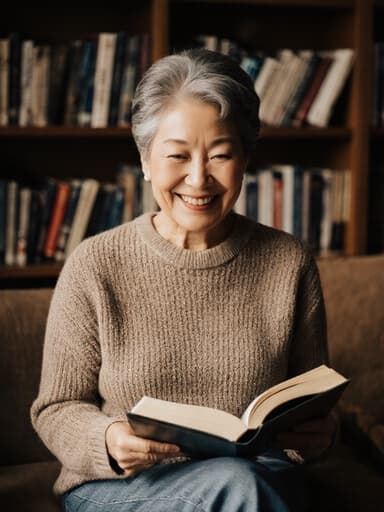 60대 아시아계 여성이 편안한 니트 스웨터와 청바지를 입고, 아늑한 도서관의 책장 앞에서 책을 읽으며 미소를 짓고 있는 모습의 반신 사진. 따뜻한 조명이 감싸는 아늑한 분위기를 자아냅니다.
