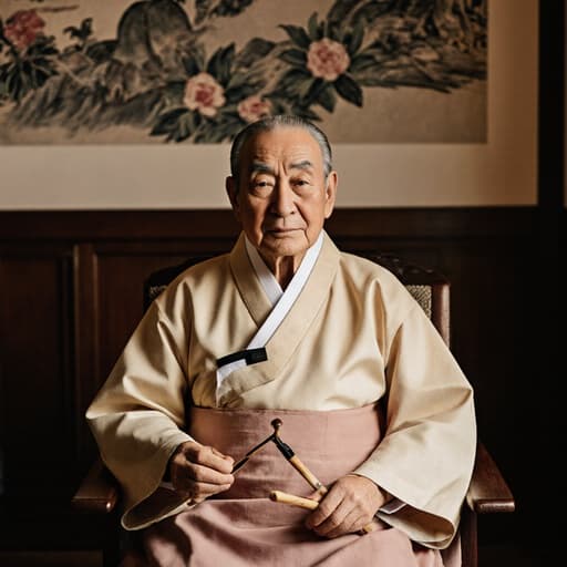 이 이미지는 전통 한복을 입은 80세 아시아계 남성이 아늑한 거실에 편안하게 앉아 있는 모습을 담고 있습니다. 그는 온화한 미소를 지으며 다리를 뻗고 전통 놀이 도구를 들고 있습니다. 따뜻한 조명과 벽에 걸린 전통 한국 그림이 어우러져 평화롭고 문화적으로 풍부한 분위기를 만들어냅니다.