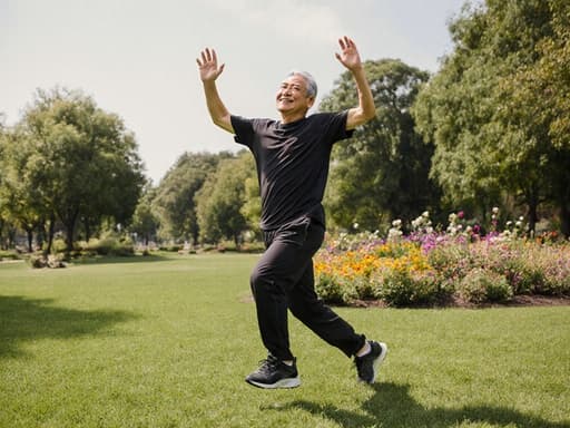 자연스러운 외모를 가진 50대 아시아계 남성이 편안한 운동복과 운동화를 착용하고 있는 반신 샷입니다. 그는 마음의 안정과 자신감을 표현하며 양팔을 들고 가벼운 춤추는 자세를 취하고 있습니다. 배경은 푸른 잔디가 펼쳐진 공원에서 다양한 나무와 꽃들이 어우러져 평화롭고 기쁜 분위기를 만들어냅니다.