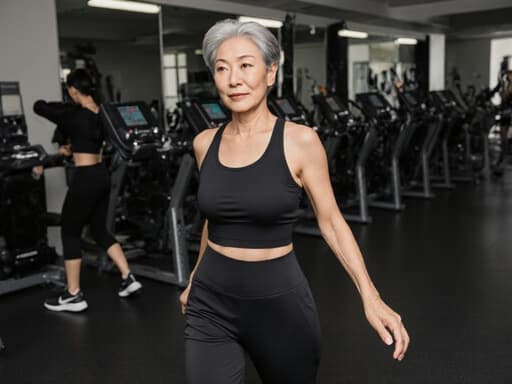 50대 동양인 여성이 자연스러운 외모와 자신감을 드러내며 운동복과 편안한 운동화를 착용한 반신 촬영입니다. 그녀는 다양한 운동 기구와 거울이 있는 트레이닝룸에서 걷고 있으며, 가벼운 스트레칭 동작을 하고 있어 우아함과 활력을 발산하고 있습니다.