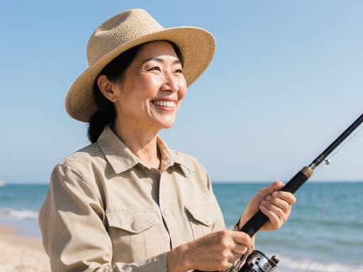 40대 아시아계 여성의 반신 사진으로, 작업복과 모자를 착용하고 따뜻하게 미소 지으며 어업 장비를 들고 있는 모습이 아름다운 해변과 맑은 파란 하늘, 바다가 배경에 펼쳐져 있습니다.