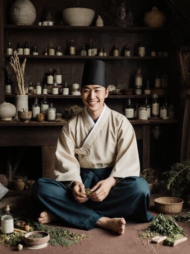 전통 한복을 입은 20대 아시아계 남성 모델이 한약 조제실 바닥에 앉아 한약재를 만지작거리고 있으며, 편안한 미소를 짓고 있습니다. 방 안에는 다양한 한약재와 약재 도구들이 배치되어 있어 진정한 문화적 분위기를 자아내고 있습니다.