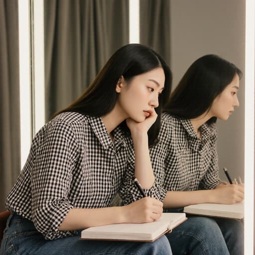 트렌디한 체크 패턴의 블라우스와 청바지를 입은 10대 후반의 한국인 여성이 세련된 미러룸에서 노트에 글을 쓰며 고민하는 표정을 짓고 있습니다. 반사된 조명이 이 장면의 패셔너블한 분위기를 더욱 강조하고 있습니다.