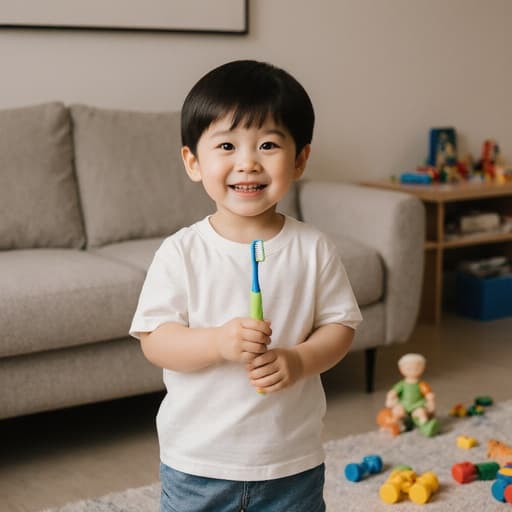 사랑스러운 외모의 3세 한국인 남성이 칫솔을 들고 사랑스럽게 웃고 있는 반신 사진입니다. 그는 편안한 티셔츠와 반바지를 입고 장난스러운 기다리는 자세로 서 있습니다. 배경은 아늑한 거실로 소파와 흩어져 있는 장난감들이 있어 따뜻하고 초대하는 듯한 분위기를 만들어내며 어린 시절의 순수함과 기쁨을 강조합니다.