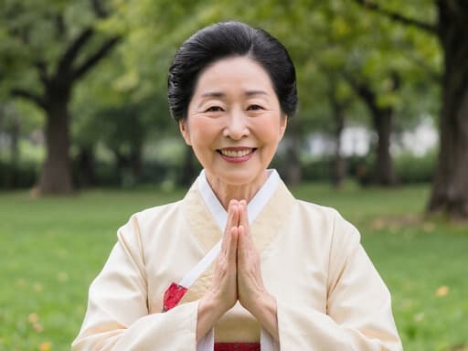 70대의 혼혈 여성의 따뜻하고 친근한 반신 사진으로, 전통 한복을 입고 평화로운 공원 배경에서 미소를 지으며 두 손을 모아 인사하는 모습입니다.