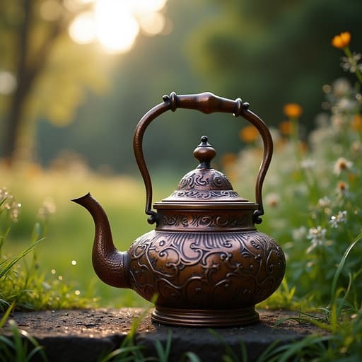 주전자, 이슬 맺힌 정원, 고요한, 신선한, 자연스러운