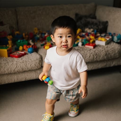 아늑한 거실에서 장난감을 들고 배고픈 표정을 짓고 있는 귀여운 7세 남성 동양인의 반신 촬영. 편안한 티셔츠와 밝은 운동화를 착용하고 있습니다.