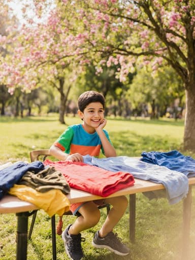 햇살이 비치는 공원에서 테이블에 앉아 있는 7세 중동계 남자아이가 밝은 색상의 티셔츠와 반바지를 입고, 신중하게 옷을 바라보며 환하게 웃고 있는 모습이 자연 풍경 속에서 펼쳐집니다.
