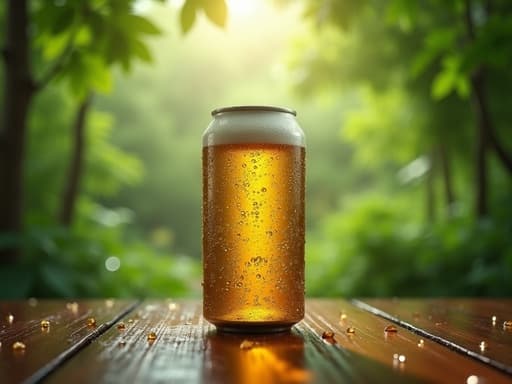 나무 테이블 위에 맥주가 있고, 비가 내리는 울창한 숲에 둘러싸여 있어 편안하고 상쾌한 분위기를 제공합니다.