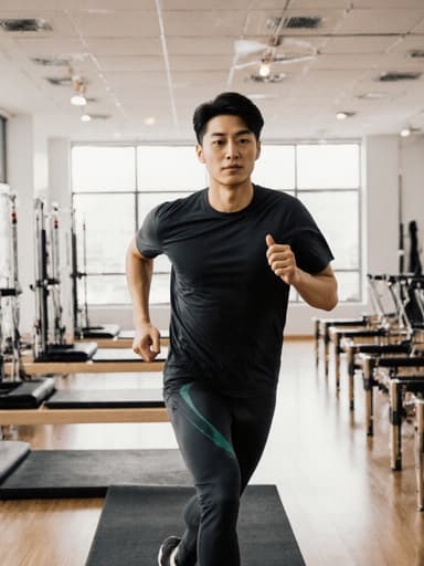 자신감 넘치는 20대 아시아계 남성이 스타일리시한 필라테스 복장을 입고 밝고 현대적인 스튜디오에서 필라테스 매트를 향해 달려가는 모습이 담긴 반신 촬영으로, 에너지와 열정을 발산하고 있습니다.