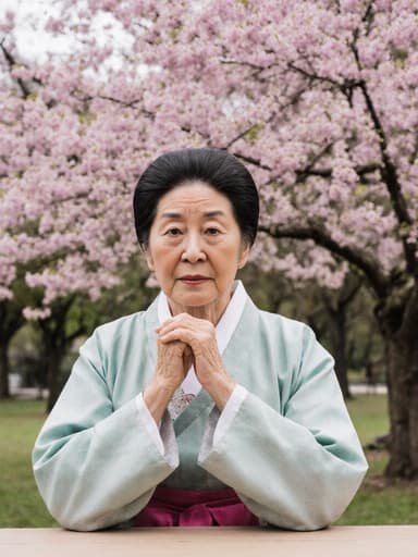 70대 백인 여성이 전통 한국 의상인 한복을 착용하고 테이블에 앉아 외로운 표정을 지으며 고독한 감정을 드러내고 있는 반신 샷입니다. 그녀는 한복의 소매를 부드럽게 잡고 있으며, 아름다운 꽃으로 가득한 공원에서 전통 춤을 추기 위해 준비하고 있습니다. 장면은 색감이 풍부하고 자연광이 그녀의 섬세한 특징을 강조하며, 평화롭고 사색적인 분위기를 만들어냅니다.