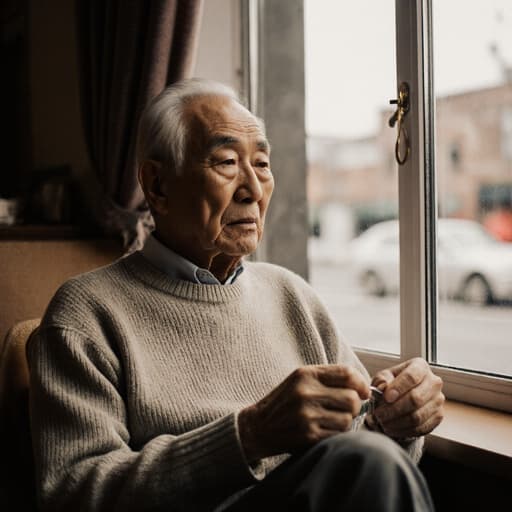 70대의 동양인 남성이 편안한 니트 스웨터와 바지를 입고 아늑한 카페의 창가에 앉아 바느질 도구를 들고 있는 반신 사진. 그는 지루한 표정으로 바느질을 하며 밖을 바라보며, 따뜻한 분위기가 그를 감싸고 있다.