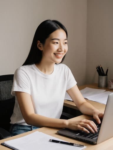 10대 후반의 동양인 여성이 집 사무실에서 편안한 티셔츠와 청바지를 입고 앉아 있습니다. 자연스러운 미소를 지으며 노트북에서 이메일을 작성하고 있으며, 서류와 필기구가 놓인 어수선한 책상에 둘러싸여 있어 따뜻하고 생산적인 분위기를 반영하고 있습니다.