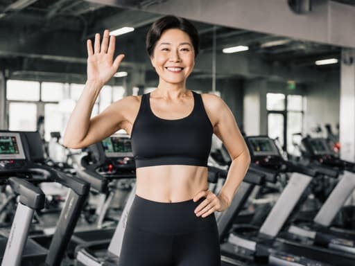 50대 건강하고 활기찬 한국인 여성이 현대적인 피트니스 센터에서 운동복과 레깅스를 입고 한 손을 들어 인사하며 다른 손은 허리에 올려놓고 있는 모습의 반신 사진으로, 운동 기구와 거울이 배치된 공간에서 에너지와 긍정적인 분위기를 발산하고 있습니다.