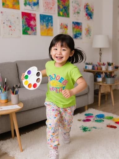 사랑스럽고 순수한 외모를 가진 7세의 동양인 여아가 아늑한 거실에서 즐겁게 뛰어다니고 있습니다. 화려한 색상의 티셔츠와 편안한 바지를 입고 있으며, 물감이 담긴 팔레트를 들고 귀엽게 웃으며 그림을 그리려는 기대감을 표현하고 있습니다. 거실의 배경에는 다양한 그림 도구와 그림들이 장식되어 있습니다.