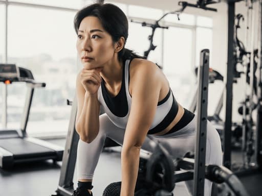 30대 한국인 여성이 훈련장에서 운동복을 입고 서 있으며, 고민하는 표정을 짓고 있습니다. 배경에는 운동 기구들이 있어 운동의 분위기를 더합니다.