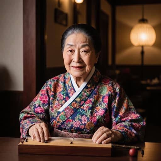 아늑한 카페에 앉아 전통 한복을 입고 있는 80대 한국인 여성의 반신 사진입니다. 그녀는 따뜻한 미소와 부드러운 주름을 지니고 있으며, 전통 악기를 손에 들고 음악을 연주할 준비를 하고 있습니다. 따뜻한 조명이 비추는 아름답게 꾸며진 인테리어 속에서 평화로운 분위기를 자아냅니다.