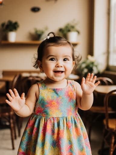 화사한 원피스를 입고 있는 사랑스러운 1살의 라틴계 여아가 아늑한 카페에서 두 손을 흔들며 춤추는 모습의 전신 샷입니다. 그녀의 사랑스러운 표정은 테이블과 의자, 작은 식물들이 있는 따뜻한 내부의 즐거운 분위기를 더해줍니다.