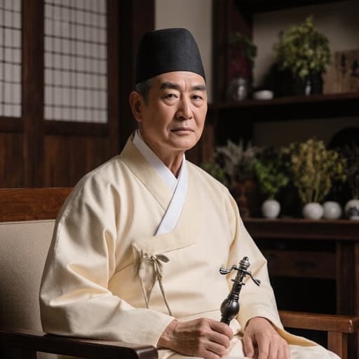 60대 라틴계 남성이 전통 한의원에 있는 나무 소파에 앉아 있습니다. 그는 화려한 한복을 입고 있으며 한의 진단 도구를 들고 있습니다. 나무 가구와 한약재가 있는 배경 속에서 문화적 의상과 의료 실습의 조화를 보여줍니다.