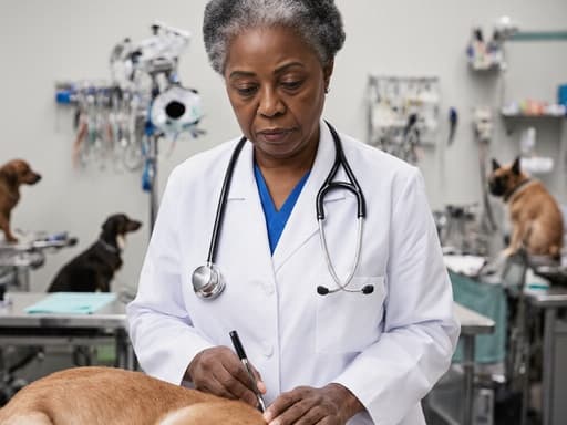 50대 아프리카계 여성의 반신 샷으로, 의사 가운을 입고 동물 병원에서 차가운 표정을 지으며 동물을 살펴보고 있습니다. 배경에는 의료 기구와 치료 중인 동물들이 있어 수의사의 역할을 강조합니다.