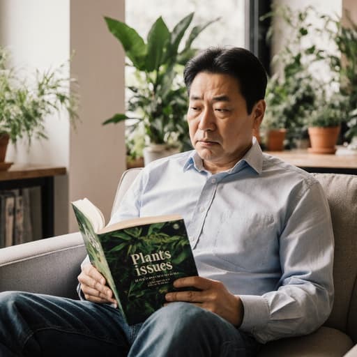 아시아계 중년 남성이 아늑한 카페의 소파에 앉아 캐주얼한 복장을 하고 식물 관련 책을 들고 있으며, 식물 병충해에 대해 고민하는 당황한 표정을 짓고 있는 모습이 따뜻한 분위기와 장식된 식물들로 둘러싸여 있습니다.
