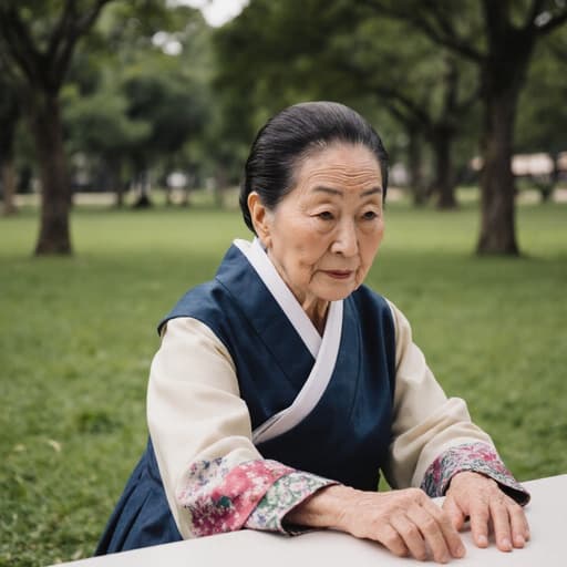 80대 한국인 여성의 반신 상반신 사진으로, 전통 한복을 입고 공원에 있는 테이블에 앉아 있습니다. 그녀는 지루한 표정을 지으며 테이블을 가볍게 두드리고 있으며, 주변은 푸른 잔디와 나무로 둘러싸여 있어 차분한 분위기를 자아냅니다.