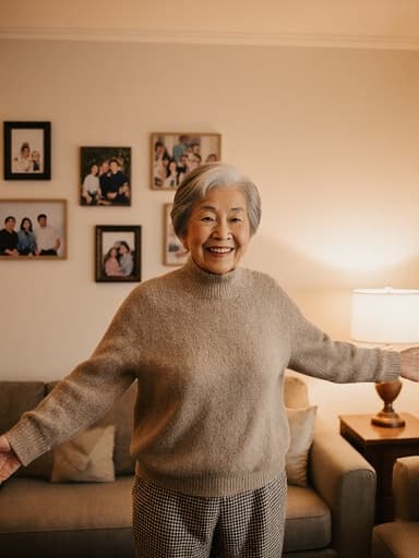 아늑한 거실에서 가족을 맞이하기 위해 팔을 벌리며 고마운 표정을 지으며 미소 짓고 있는 70대 동양인 여성의 따뜻하고 매력적인 반신 사진입니다. 벽에는 가족 사진이 걸려 있고, 따뜻한 조명이 비추고 있습니다.