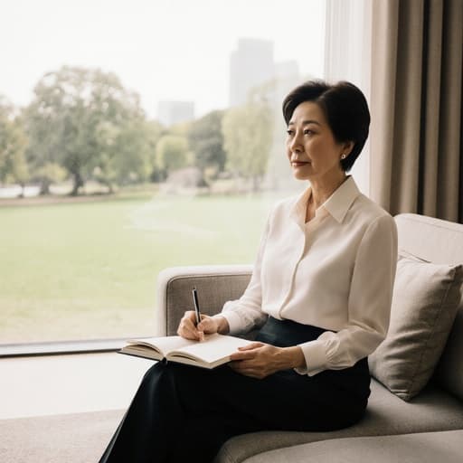 50대 한국인 여성의 반신 사진으로, 세련된 거실의 스타일리시한 소파에 앉아 차분하면서도 자신감 있는 표정을 짓고 있습니다. 고급스러운 블라우스와 정장 바지를 착용한 그녀는 세련된 스타일을 반영하고 있습니다. 상담 노트를 바라보며 깊은 생각에 잠긴 그녀의 자연스러운 아름다움이 돋보입니다. 배경은 아름다운 공원이 보이는 큰 창문으로 자연광이 가득한 편안한 분위기를 제공합니다.