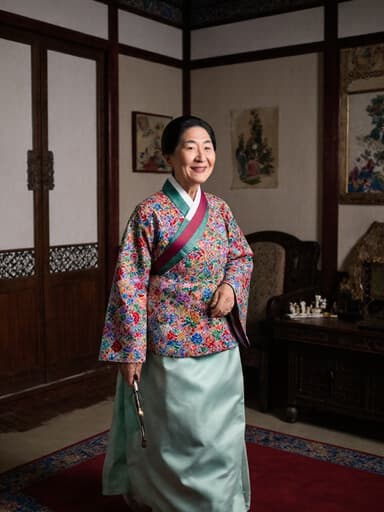 70대의 지혜롭고 우아한 한국인 여성이 자연스러운 외모를 자랑하는 전신 사진입니다. 그녀는 화려한 자수가 돋보이는 전통 한복을 착용하고 있으며, 우아함을 강조하는 섬세한 디자인을 보여줍니다. 따뜻한 미소와 지혜로운 표정을 지으며, 전통 공예 도구를 손에 들고 천천히 걸어가고 있습니다. 배경은 전통적인 한국 거실로, 고풍스러운 가구와 한국 전통 공예품들이 장식되어 있어 따뜻하고 초대하는 분위기를 연출합니다.
