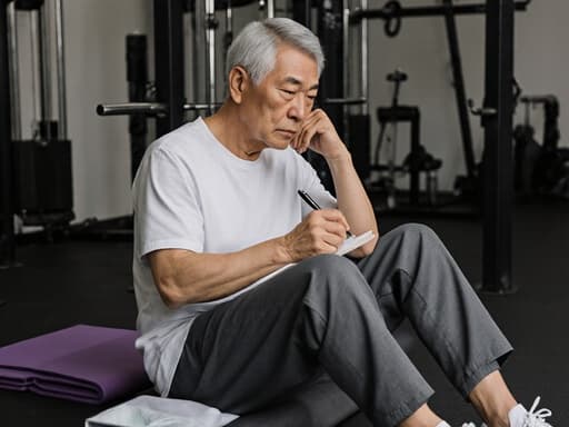 이 이미지는 피트니스 센터에서 중년 아시아 남성의 반신을 촬영한 것입니다. 편안한 운동복과 운동화를 착용한 그는 한 손에 펜을 들고 노트에 글을 쓰며 지루한 표정을 짓고 있습니다. 배경에는 운동 기구와 매트가 보이며, 주제의 캐주얼한 태도를 강조하는 진정한 체육관 분위기를 만들어냅니다.