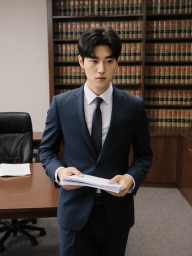 20대 한국 남성이 깔끔한 정장과 넥타이를 입고 차가운 표정을 지으며 서류를 들고 법무사무실 내부를 빠르게 이동하는 모습. 배경에는 법률 서적이 가득한 책장과 상담용 테이블이 있어 전문적인 분위기를 강조합니다.