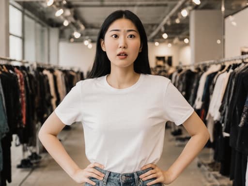 현대적인 패션 매장에서 트렌디한 티셔츠와 청바지를 입은 10대 후반 동양인 여성 모델이 손을 허리에 댄 채 약간 놀란 표정을 지으며 패션에 대한 관심을 드러내고 있습니다.