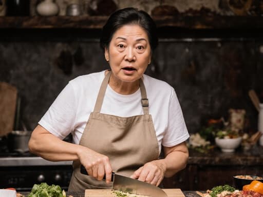 50대 아시아계 여성이 편안한 에이프런과 캐주얼한 티셔츠를 입고, 전통적인 주방에서 재료를 손질하기 위해 칼을 들고 놀란 표정을 짓고 있는 모습. 주방 조리대에는 여러 재료가 흩어져 있어 따뜻하고 매력적인 분위기를 자아냅니다.
