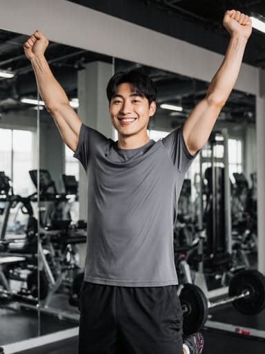 30대 건강한 한국 남성이 반팔 티셔츠와 러닝화를 입고, 친근한 미소를 지으며 헬스장에서 팔을 위로 쭉 뻗고 있는 반신 샷. 다양한 운동 기구와 거울이 배치된 공간에서 에너제틱하고 친근한 분위기를 전달합니다.