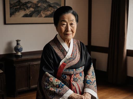 80대 한국인 여성이 화려한 자수가 있는 전통 한복을 입고, 상반신을 약간 앞으로 기울이며 인사하는 자세를 취하고 있는 반신 사진입니다. 무관심한 표정이 전통적인 느낌의 거실, 한국화와 나무 바닥으로 꾸며진 따뜻한 분위기와 대조를 이룹니다.