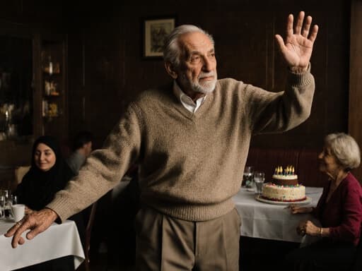 아늑한 카페에서 편안한 니트 스웨터와 바지를 입은 세련된 80대 중동계 남성의 상반신 샷입니다. 그는 주변을 바라보며 약간 지루한 표정을 지으며 팔을 들어 올려 춤을 추는 듯한 포즈를 취하고 있습니다. 배경은 가족과 함께하는 축하 장면으로, 테이블에는 케이크와 음료가 놓여 있어 따뜻하고 초대하는 분위기를 자아냅니다.