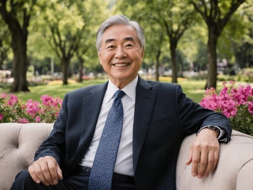 60대 아시아계 남성이 세련된 정장과 넥타이를 착용하고, 아름다운 공원에서 편안하게 소파에 앉아 있는 반신 초상. 배경에는 푸른 나무와 화려한 꽃들이 어우러져 있으며, 그는 자연스러운 외모와 자신감 있는 미소를 지니고 있어 우아함과 세련됨을 나타냅니다.