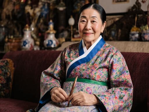 따뜻한 미소를 지닌 70대 한국인 여성이 화려한 무늬의 전통 한복을 입고 아늑한 소파에 앉아 있으며, 손에는 전통 공예 도구를 들고 있습니다. 거실은 전통적인 한국 장식품으로 꾸며져 있어 그녀의 유산을 잘 드러내는 따뜻하고 초대하는 분위기를 만들어냅니다.
